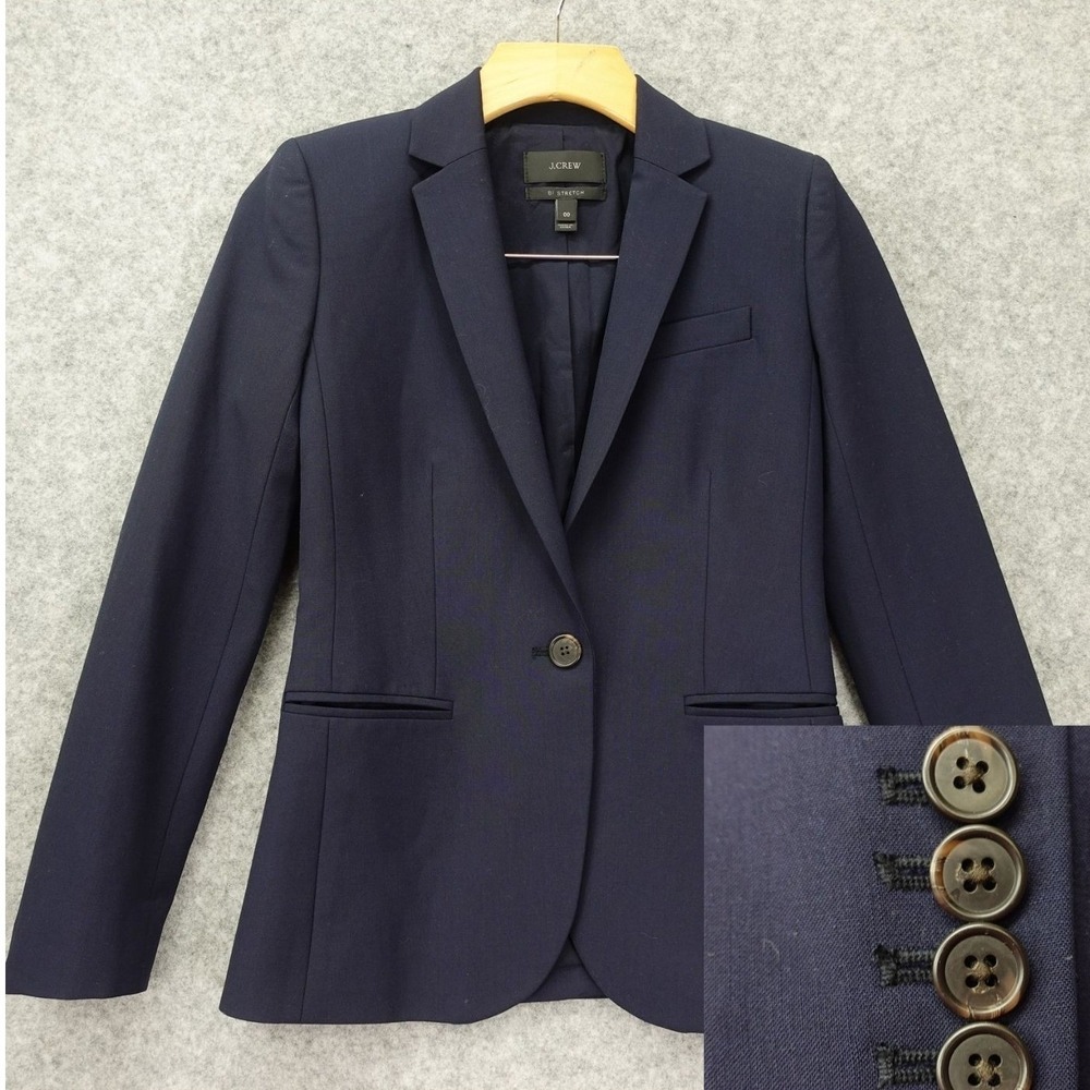 J Crew Wool Stretch Blazer Women XXS Navy Italian Tollegno 1900 Office Old Money